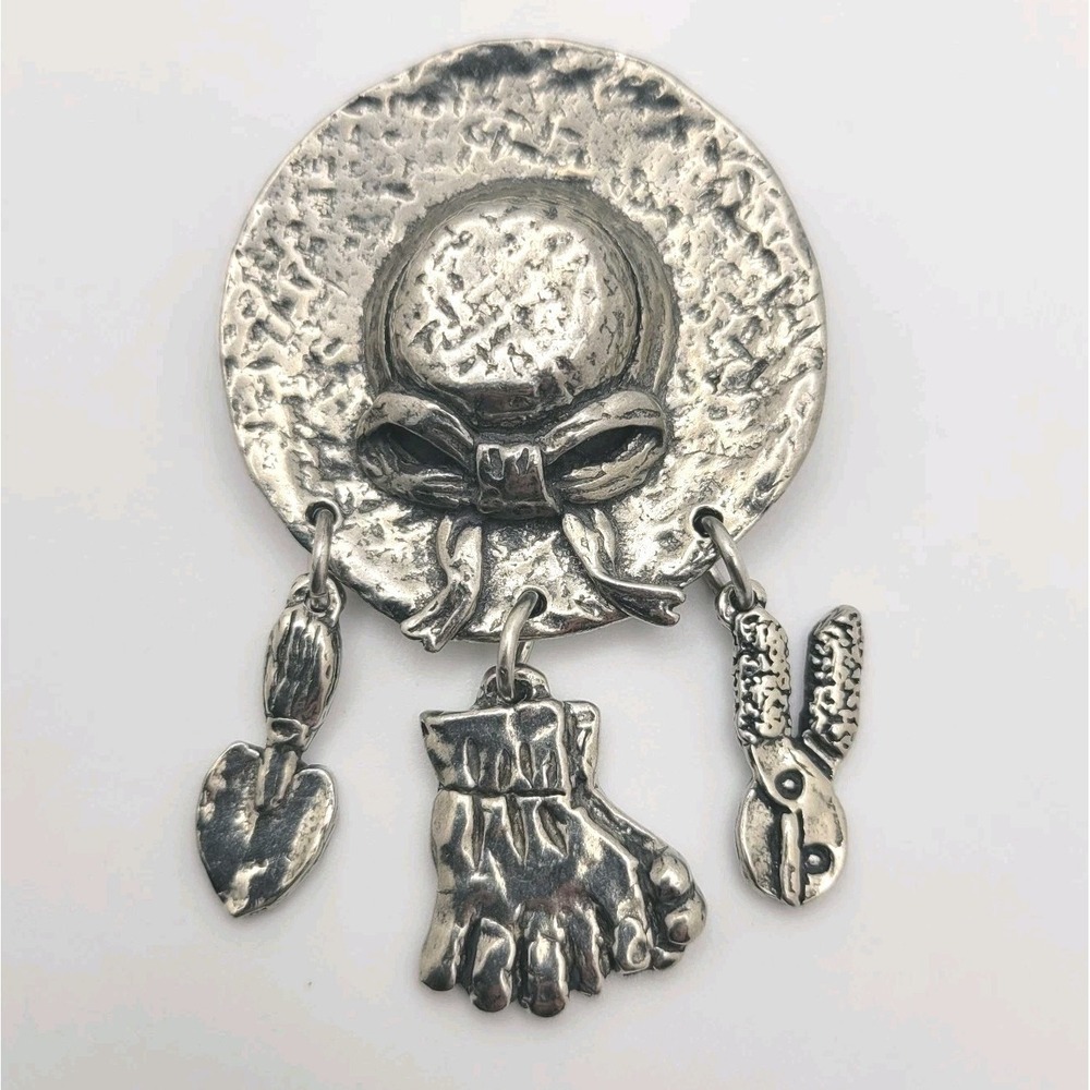 Vintage‎ Sheridan Signed Fine Pewter Gardening Brooch Pin Hat Charms Cottagecore